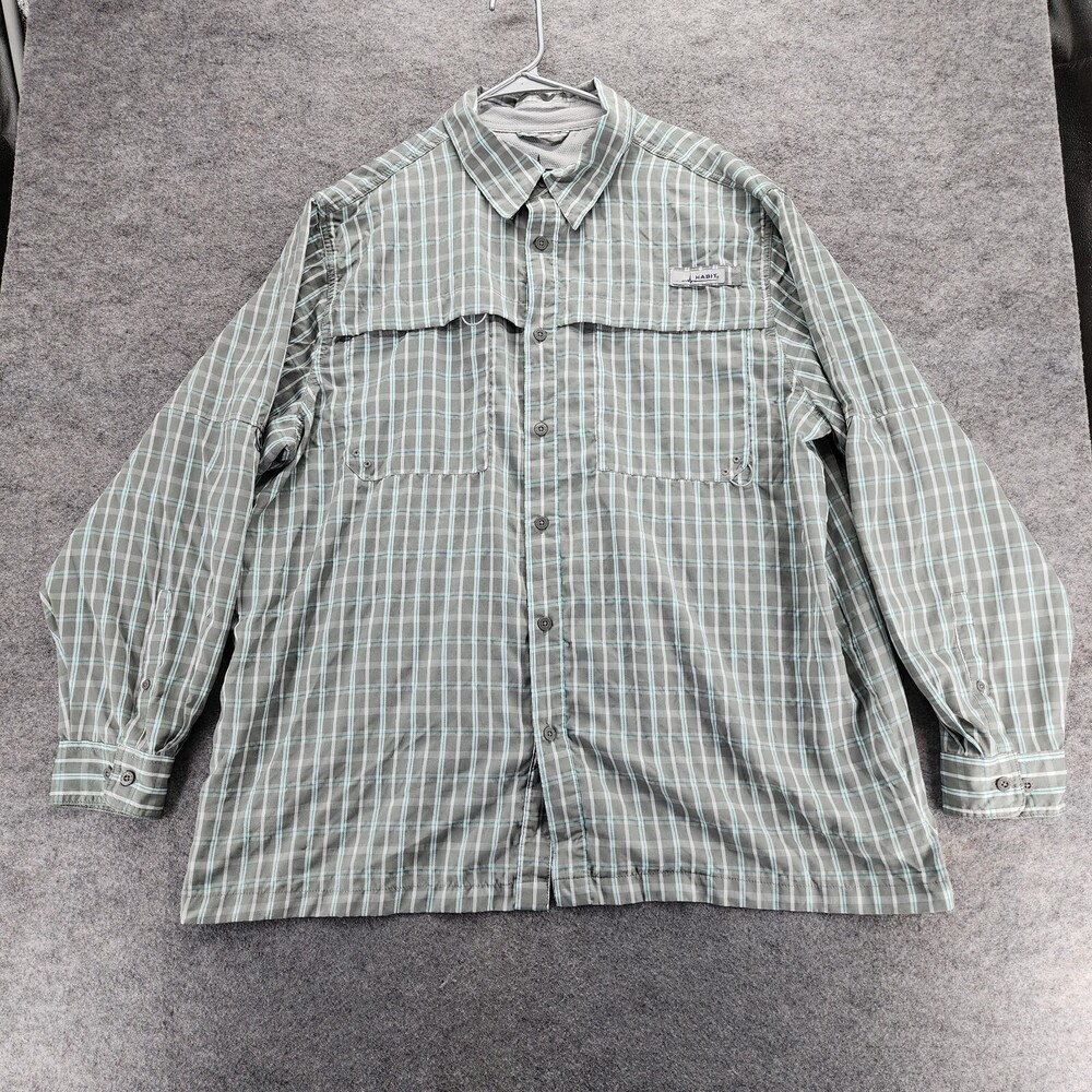 Habit Shirt Mens 2XL Button Up Gray Plaid Long Sleeve Fishing Vented